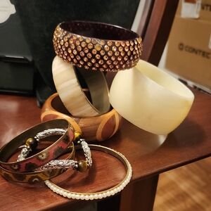 Assorted Women's Fashion Bangle Bracelet Set - Cream, Brown, Gold